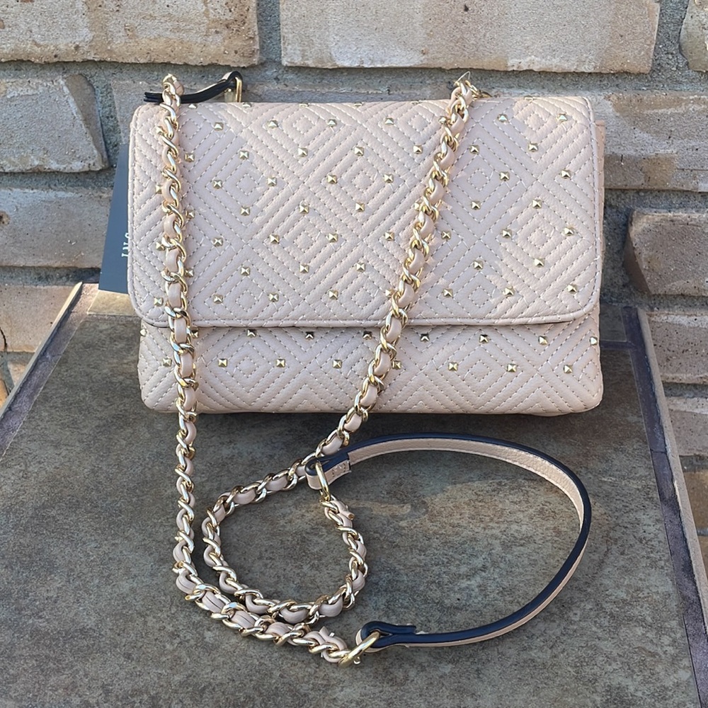 NEW INC Vachetta Crossbody Clutch Handbag Purse Tan wGold Accent Removable strap